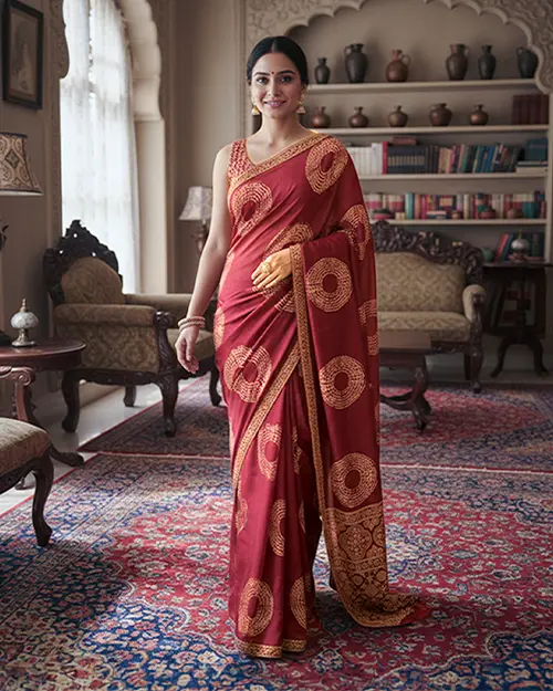 Red Modal Print Silk Saree Ikkat print blouse