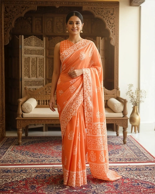 Peach Cotton Silk Saree with Batik Print