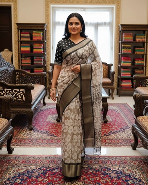 Grey Chanderi Cotton Saree with Floral Print