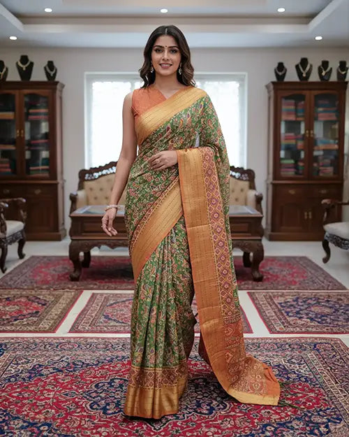 Green Patola Print Silk Saree  print blouse