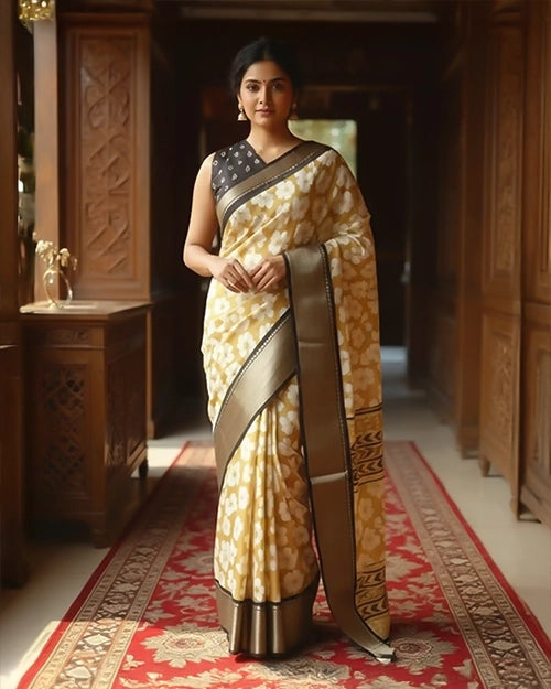 Golden Chanderi Cotton Saree with Floral Print