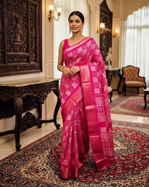 Rani Pink Printed Chanderi Cotton Saree