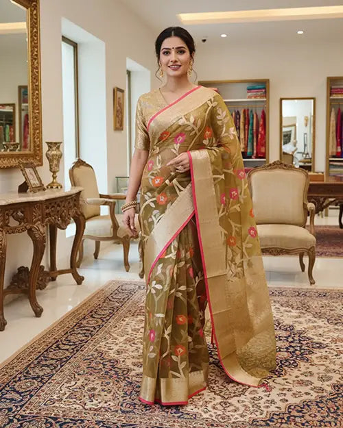 Olive Green Floral Print Organza Silk Saree