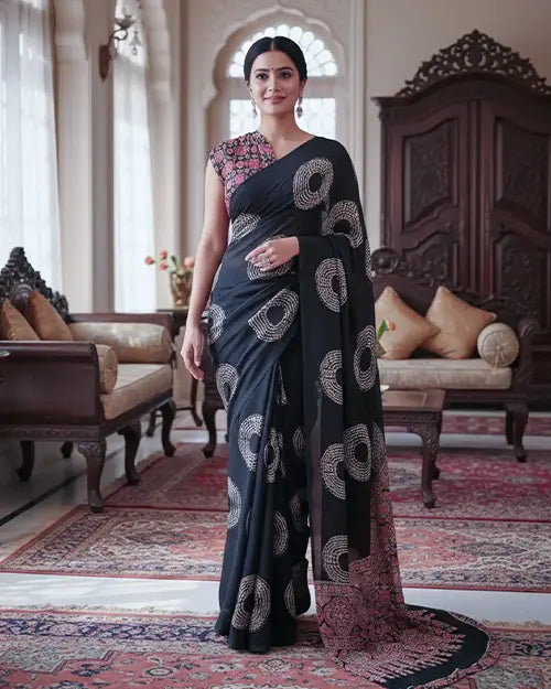 Black Modal Print Silk Saree Ikkat print blouse
