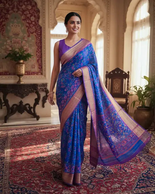 Firozi Patola Print Silk Saree print blouse