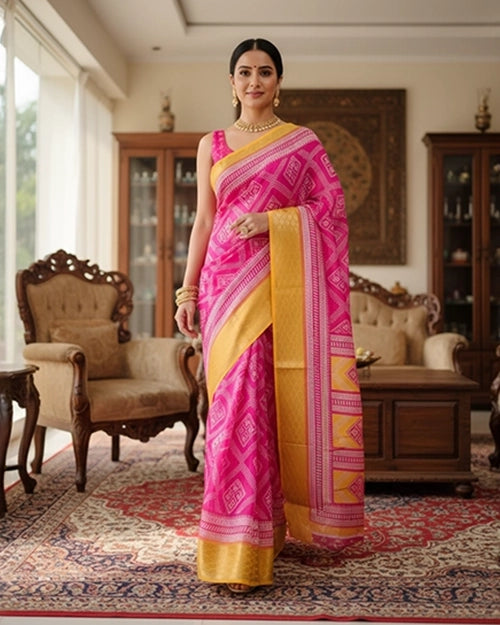 Rani Pink Chanderi Cotton Saree with Traditional Print