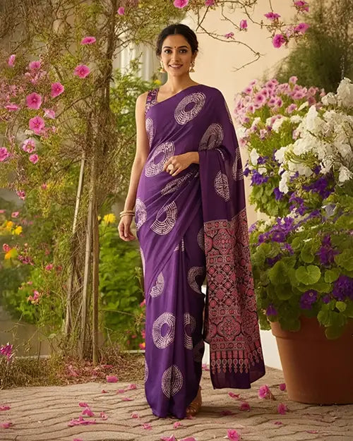 Purple Modal Print Silk Saree Ikkat print blouse