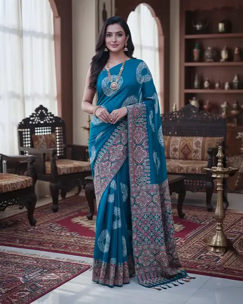 Radium Green Modal Print Silk Saree Ikkat print blouse