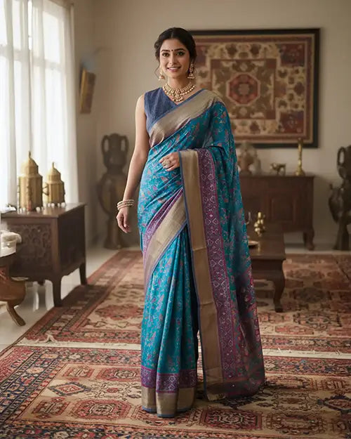 Light Firozi Patola Print Silk Saree  Print Blouse