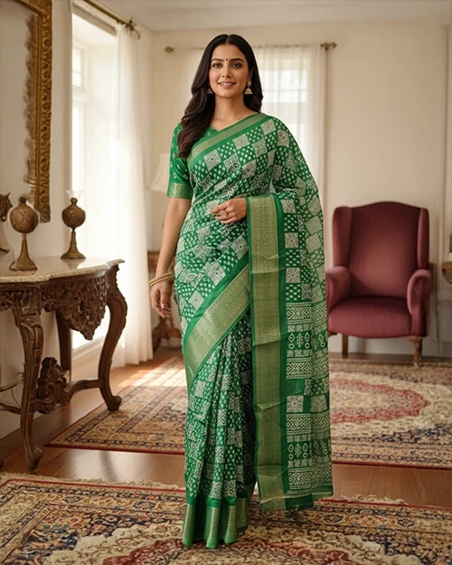 Green Printed Chanderi Cotton Saree