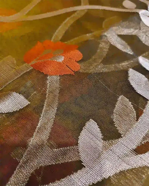 Olive Green Floral Print Organza Silk Saree