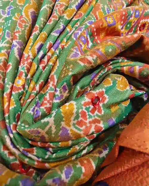 Green Patola Print Silk Saree  print blouse