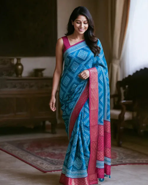 Firozi Printed Cotton Silk Saree with Rani Blouse